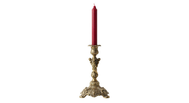 Classic brass candlestick holder with a deep red pillar candle