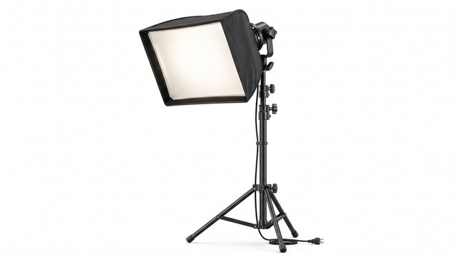 Professional studio softbox on tripod stand, photography lighting equipment for video production, black flash light modifier