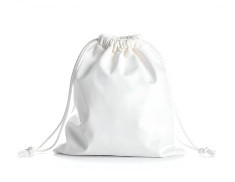 White canvas drawstring bag with spread strings