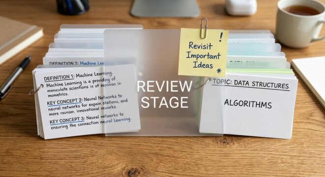Review Stage: Layered Flashcards and Notes on Wooden Desk with Important Ideas Clip