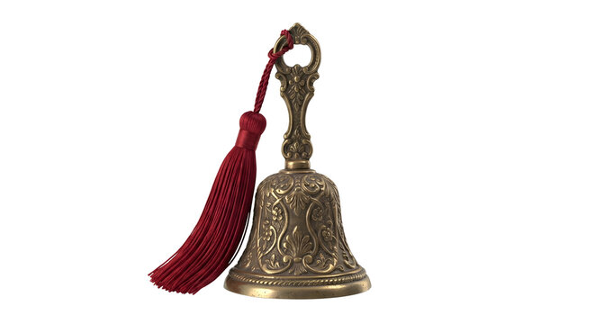 Ornate bronze hand bell decorated with floral patterns and a red tassel