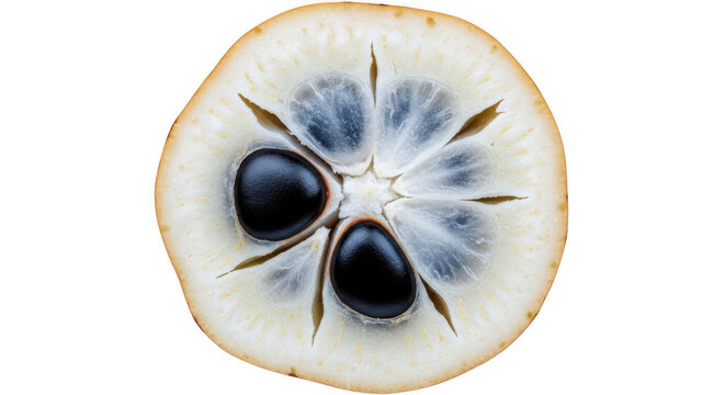 Slice of exotic black sapote fruit with seeds isolated on transparent background art.
