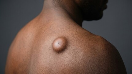Fototapeta premium Close-Up Shot of Large Epidermal Sebaceous Cyst on Dark Skin Shoulder
