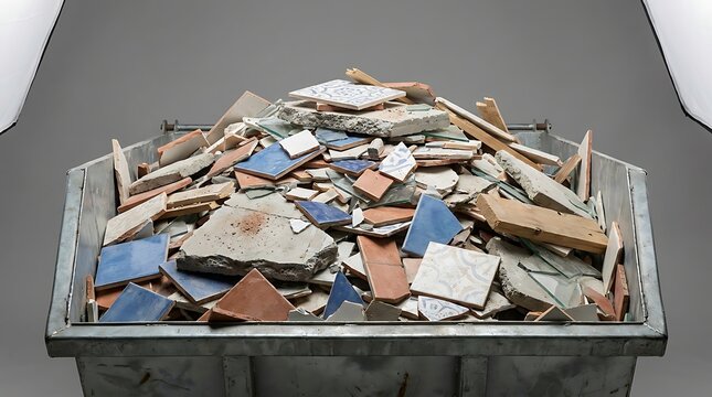 Waste bin full of building materials demolition waste and concrete fragments