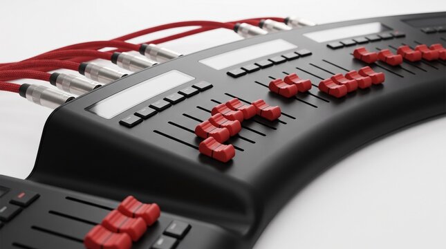 Professional lighting control console with red faders and cables for stage production.