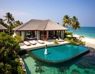Fototapeta premium Modern luxury villa with infinity pool and ocean view.