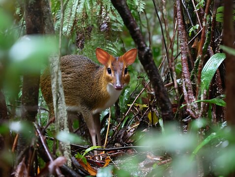 Delicate Mouse Deer Peering Through Tropical Rainforest Foliage, Wild Chevrotain in Natural Habitat