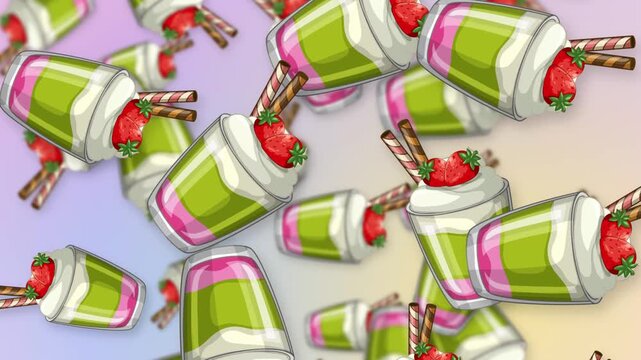 Falling Dessert Cups with Strawberries and Cream on Mesh Background