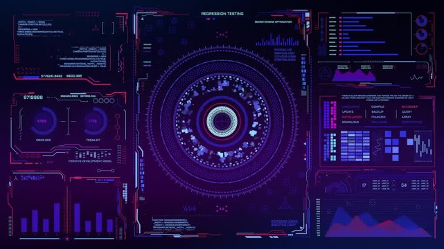 Futuristic Sci-Fi HUD Control Panel Screen with Data Visualization Charts Graphs and Digital Interface Loop