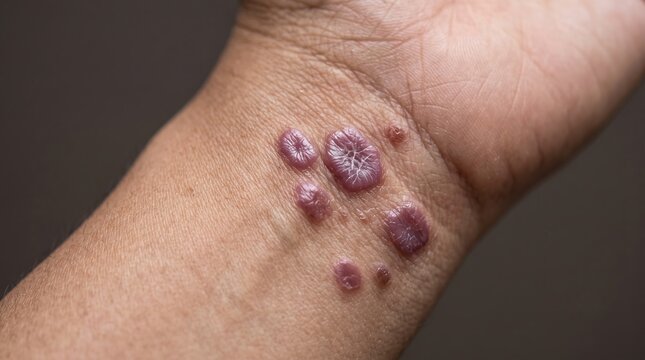 Macro Shot of Purple Lichen Planus Papules and Lesions on Wrist Skin