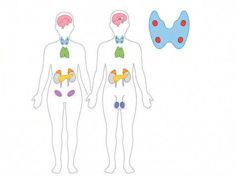 Educational infographic showing human endocrine system organs highlighting thyroid and major glands with endocrine illustration hormones physiology pituitary pancreas reproductive education