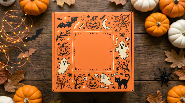 Halloween themed orange gift box with spooky illustrations and empty space for notes