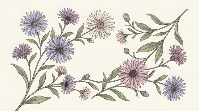 Vintage Botanical Aster Flower Illustration with Elegant Floral Stems