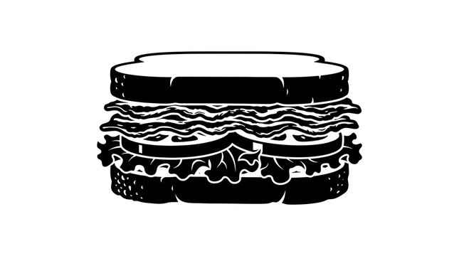 Black and white vector illustration of a thick stacked sandwich, featuring bacon, lettuce, tomato, and cheese layers. Great for diner menus and food graphics.