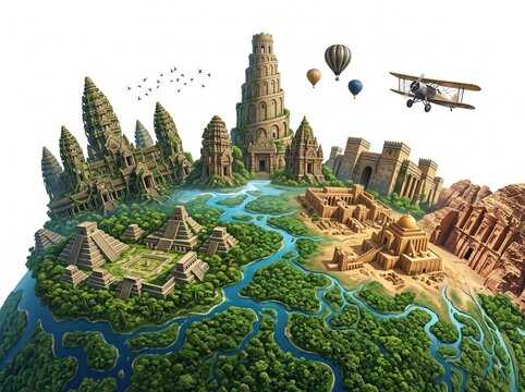 Mini Planet Globe with Ancient World Temples Pyramids and Wonders on White Background