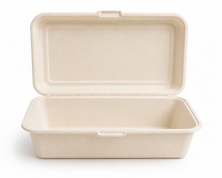 Large biodegradable molded fiber food container with hinged lid, isolated on white, designed for takeaway meals, food delivery, catering and sustainable restaurant packaging applications.