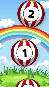 Cartoon Numbered Beach Balls Falling Over Rainbow and Meadow Background