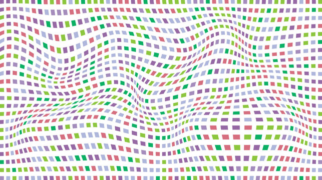 Abstract background of multicolored rectangular squares in wavy grid pattern