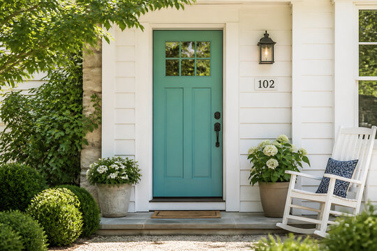A front entrance of a white house with a teal door and the number 102, surrounded by greenery.