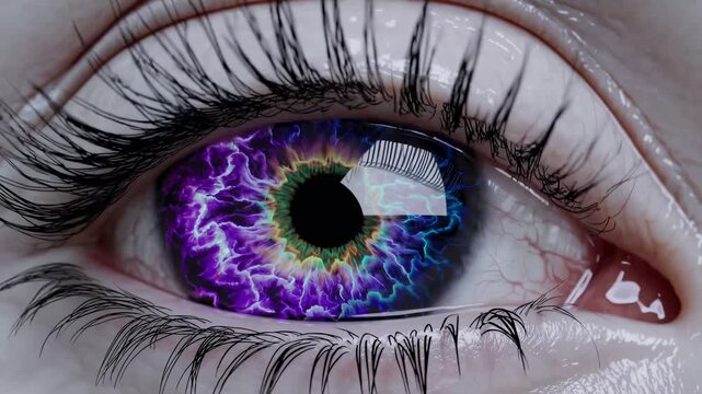 Close-up of human eye with vibrant green and blue iris transitioning to purple hues, showcasing intricate details and reflections in the cornea and eyelid
