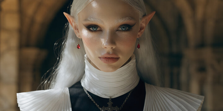 Elf Woman With Silver Hair And Pointed Ears Wearing Gothic White Collar And Cross Pendant Necklace In Dark Fantasy Cosplay Portrait Concept