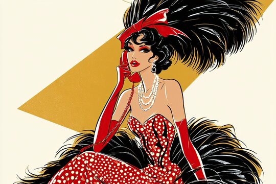 Glamorous retro cabaret woman in 1980s fashion illustration, featuring oversized feather headdress, polka-dot corset, layered pearls, and long red gloves