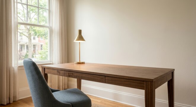 Home office design - modern workspace with wooden desk, brass lamp and natural light for productivity