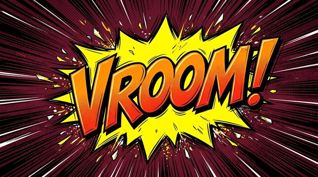Comic book style vroom speech bubble with halftone pattern and speed lines