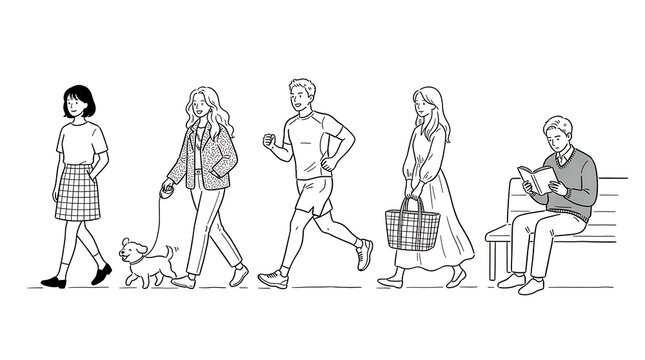 Group of people walking dogs jogging and sitting on bench in black and white line drawing.
