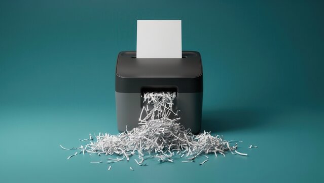 A paper shredder destroying a document on a teal background. Perfect for themes of data security, privacy, and sensitive document disposal.