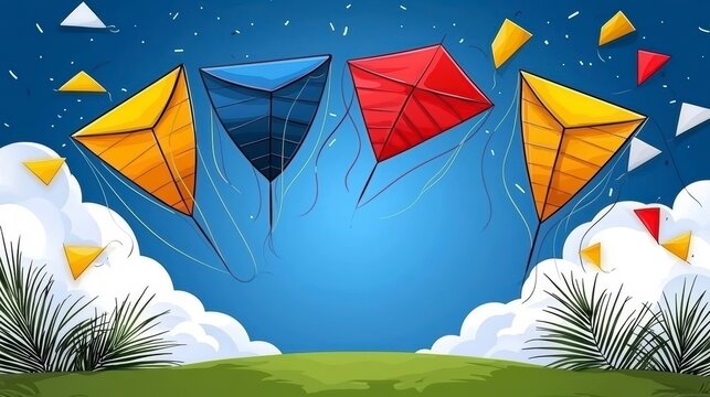 Joyful Colorful Kites Flying in Blue Sky with Green Grass Illustration