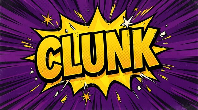 Comic book style explosion effect with the word clunk in bold lettering