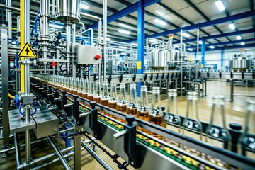 Fototapeta premium Modern beer factory interior features stainless steel machines for bottling craft beverages. Rows of glass containers move along automated production line conveyor system. Industrial brewery plant
