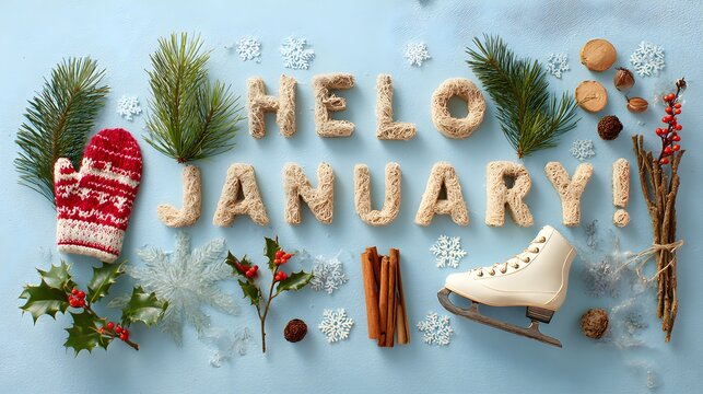 HELO JANUARY! flat lay winter scene with skate mitten pine and cinnamon