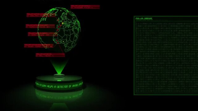 Futuristic 3D hologram Earth globe displaying global cyber threat security network tracking virus locations and data terminal background