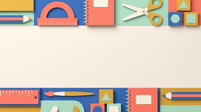 Paper cut school supplies border with geometric copy space
