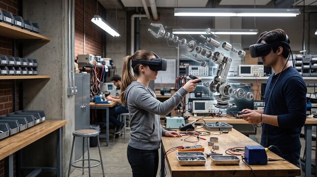Engineering students inspect a virtual robotic arm assembly