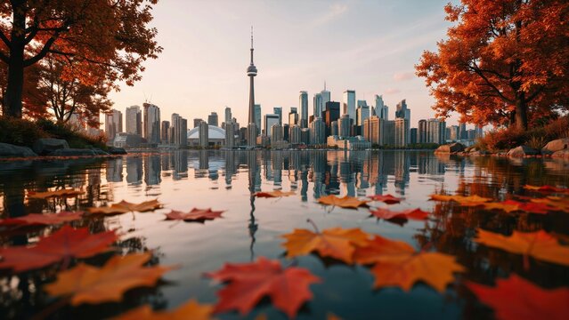 Toronto skyline reflecting in a lake with vibrant fallen maple leaves during autumn. This scenic cityscape is perfect for Canadian tourism and travel editorial concepts.
