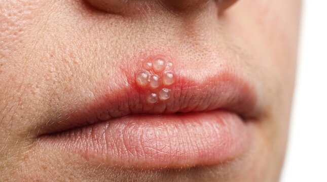 Macro Close-Up of Active Cold Sore Herpes Simplex Vesicles Clusters on Human Lip