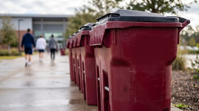 Maroon plastic trash bins in a row on university campus, outdoor garbage cans for waste management, public recycling containers in school park