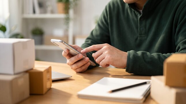 Small business owner using smartphone for order tracking, entrepreneur managing online shop delivery, cardboard boxes on desk for e-commerce shipping