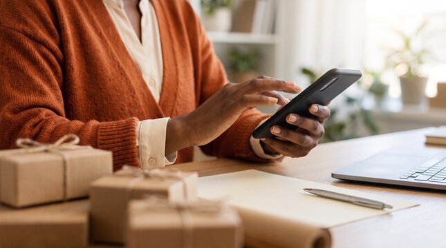 Entrepreneur using smartphone for small business order management, woman tracking online sales and shipping parcels, e-commerce retail workspace