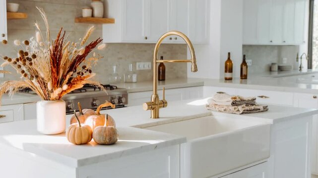 Bright modern white kitchen with gold faucet dried flowers and pumpkins on marble countertop