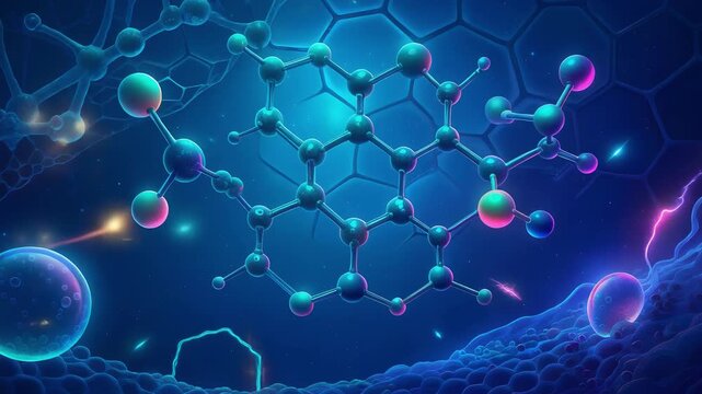 Futuristic molecular structure with glowing atoms and hexagonal patterns in a vibrant blue scientific background