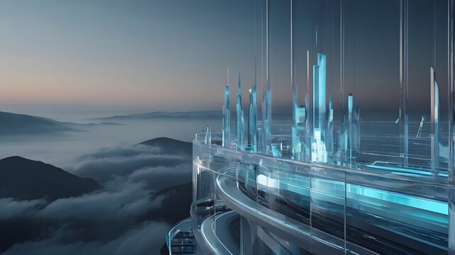 Futuristic sci-fi city platform with glowing glass skyscrapers standing above clouds at sunset architectural background for modern digital stock photo website background header visual presen