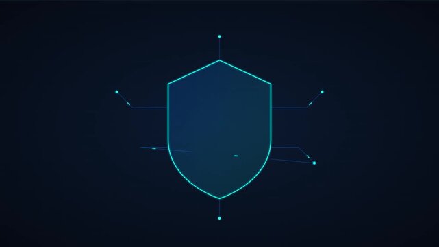 A digital shield icon with glowing lines representing data security and network protection on a dark blue background.