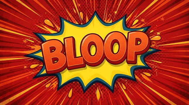 Comic book style explosive bloop sound effect with radial lines and halftone pattern
