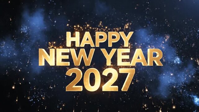 Happy New Year 2027 gold text with festive fireworks