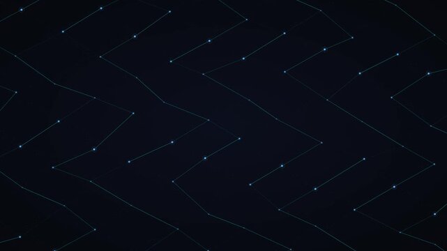 A dark blue abstract background with a network of interconnected light blue dots and lines forming a zig-zag pattern, representing data flow or digital connections.