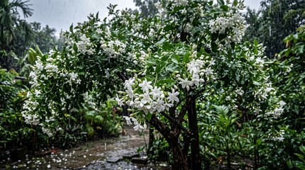 Fototapeta premium White flowers blooming on a tree in a lush green garden